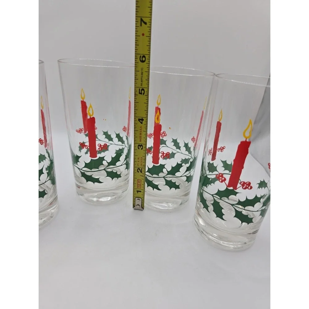 Vintage Christmas Tumbler Glasses Holly & Candle Print Holiday MCM Set Of 4